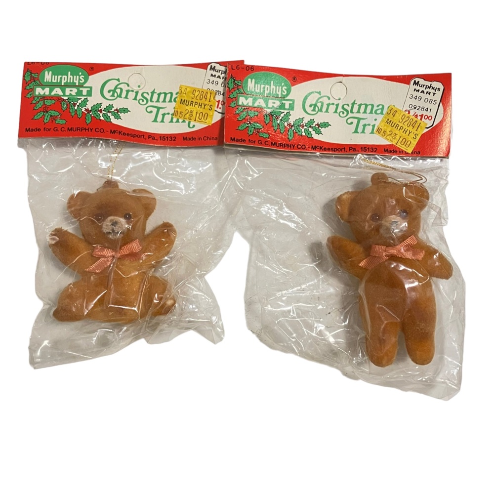NEW Vintage Flocked Teddy Bear Christmas Ornament Lot of 2